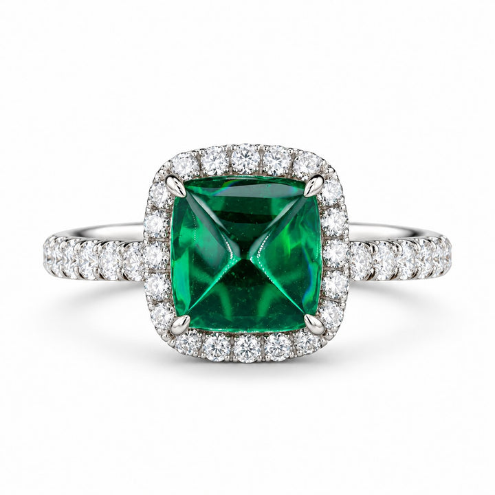 The Prism — Diamond Halo Emerald Ring in 14K white gold, front view