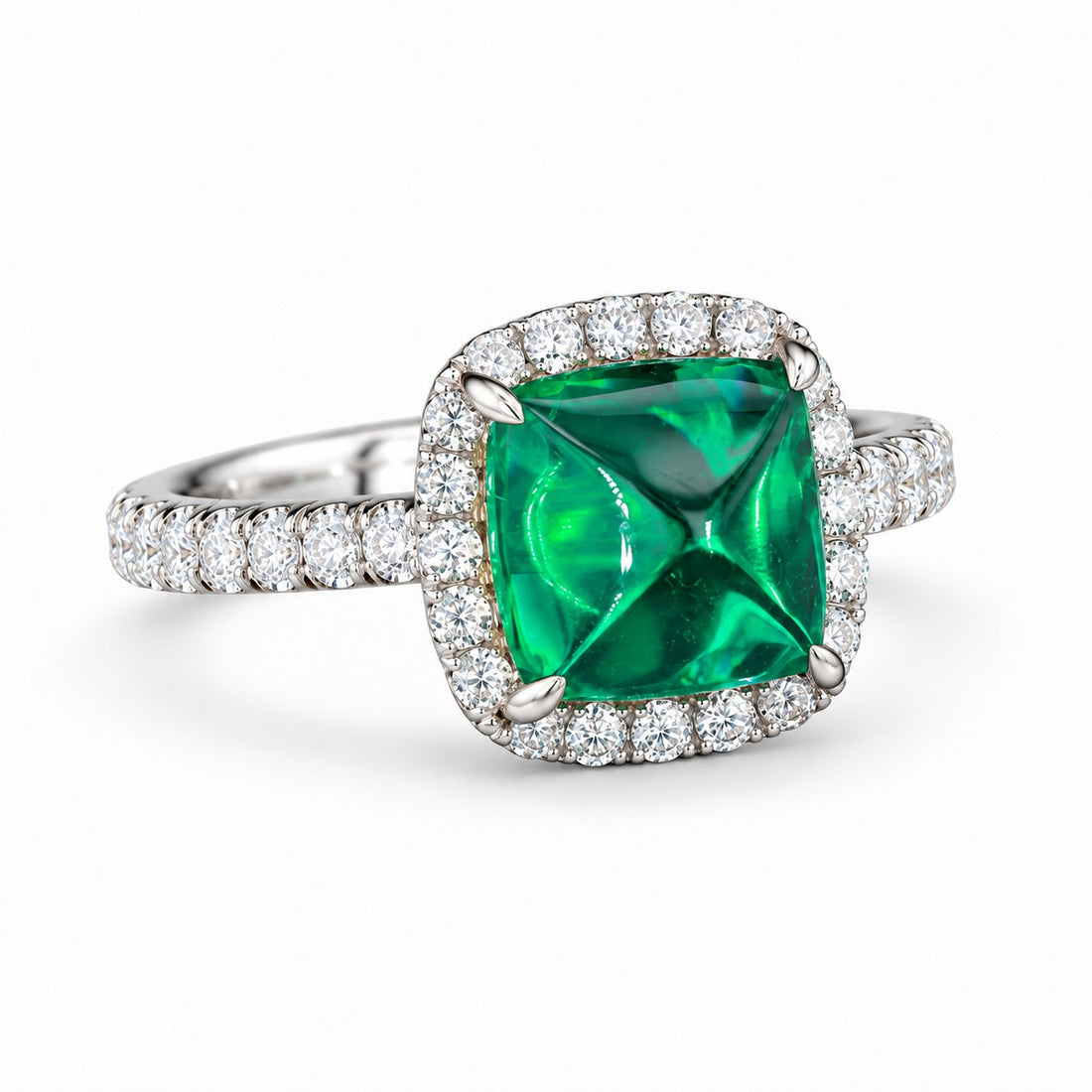 The Prism — Diamond Halo Emerald Ring in 14K white gold, three-quarter view