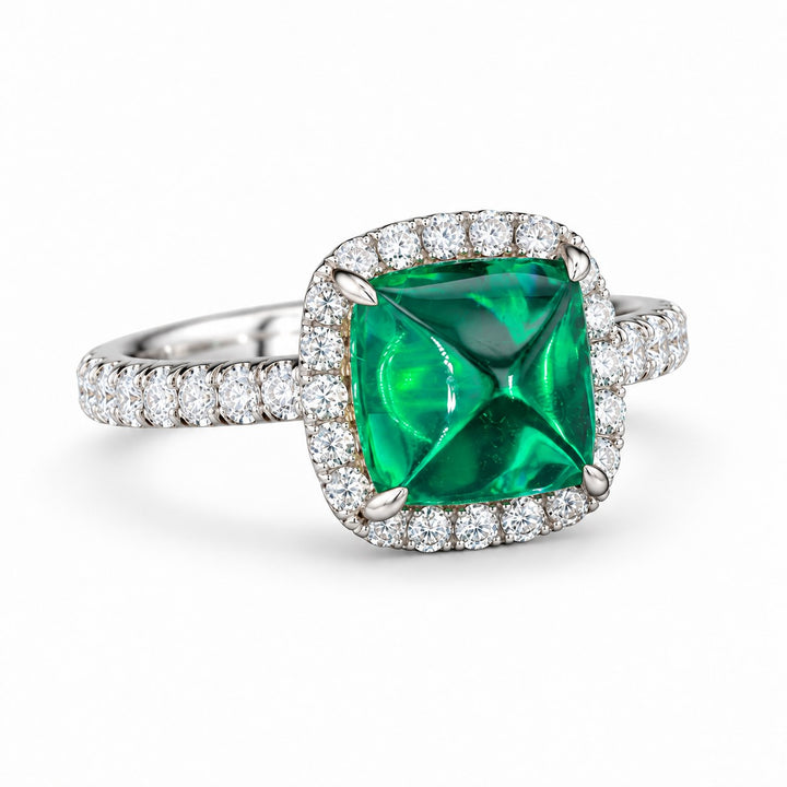 The Prism — Diamond Halo Emerald Ring in 14K white gold, three-quarter view