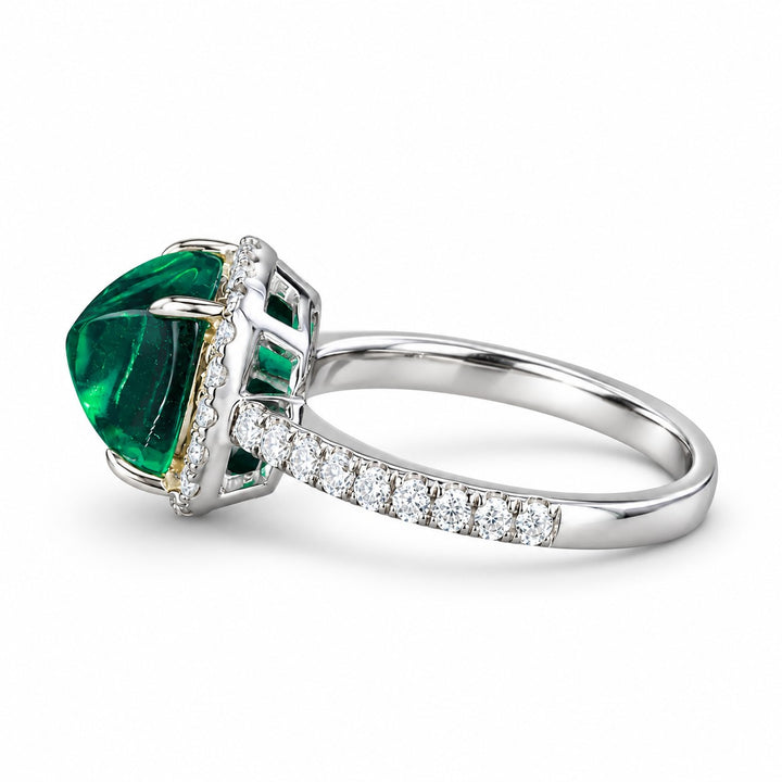 The Prism — Diamond Halo Emerald Ring in 14K white gold, side view