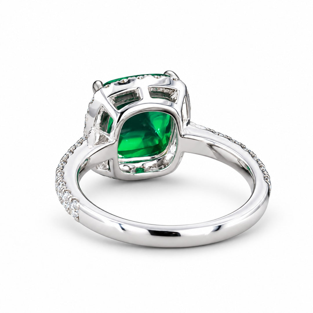 The Prism — Diamond Halo Emerald Ring in 14K white gold, back and setting