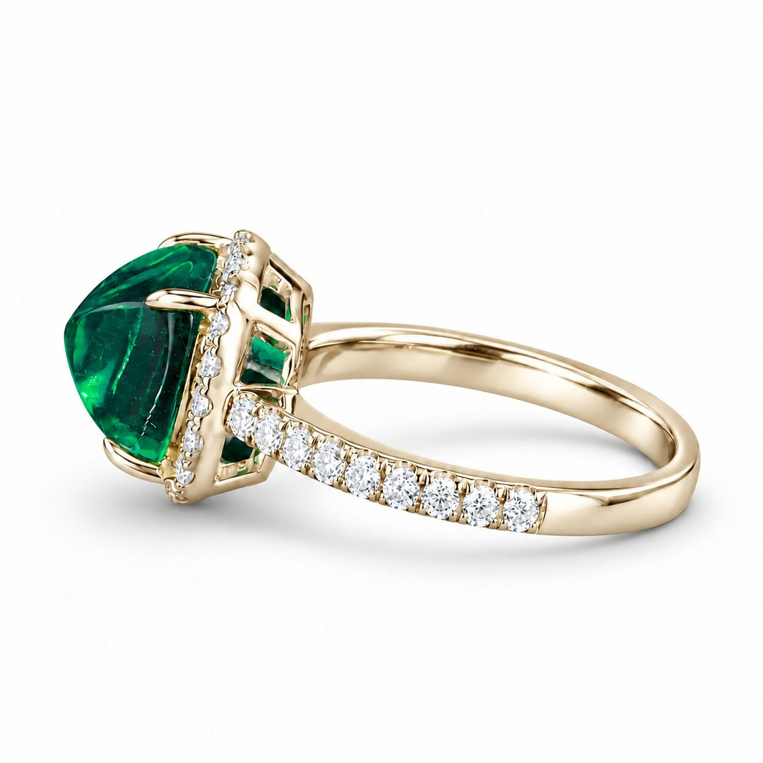 The Prism — Diamond Halo Emerald Ring in 14K yellow gold, side view