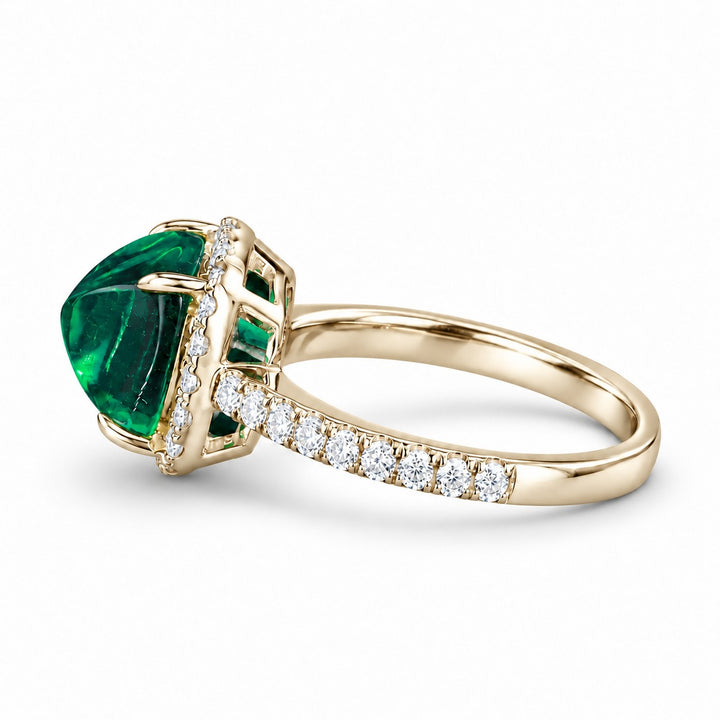 The Prism — Diamond Halo Emerald Ring in 14K yellow gold, side view