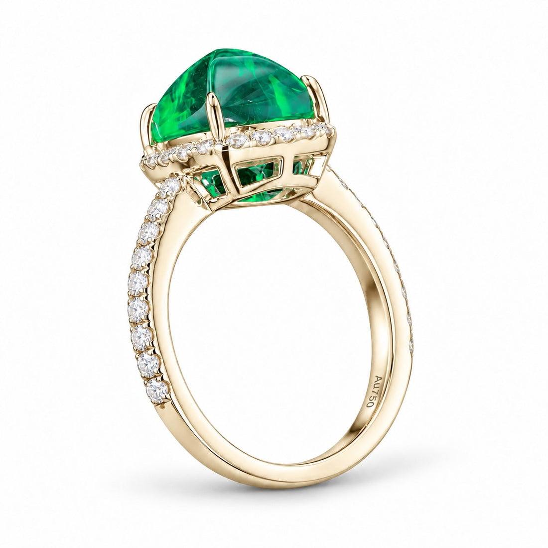The Prism — Diamond Halo Emerald Ring in 14K yellow gold, profile