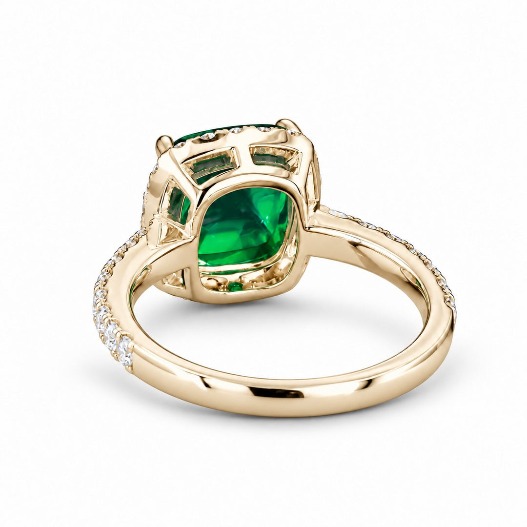 The Prism — Diamond Halo Emerald Ring in 14K yellow gold, back and setting