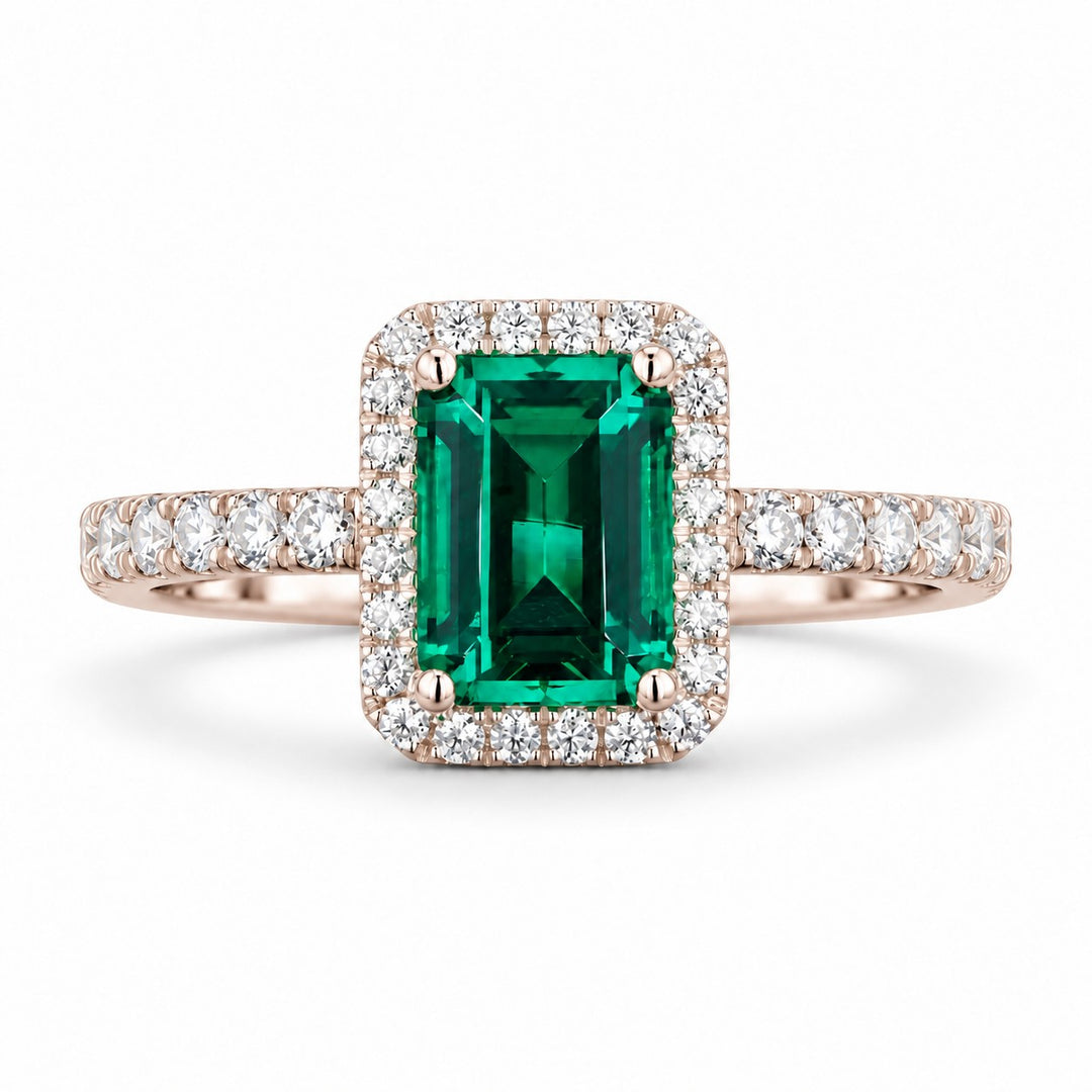 The Aurelia Halo — Diamond Halo/Band Emerald Ring in 14K rose gold, front view