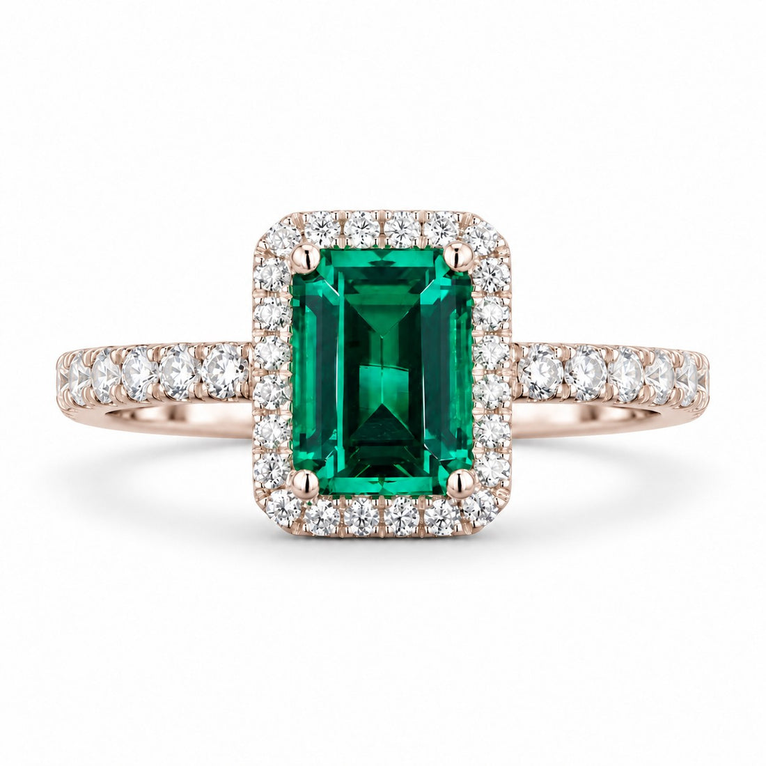 The Aurelia Halo — Diamond Halo/Band Emerald Ring in 14K rose gold, front view