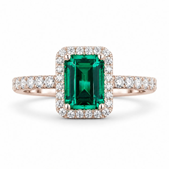 The Aurelia Halo — Diamond Halo/Band Emerald Ring in 14K rose gold, front view