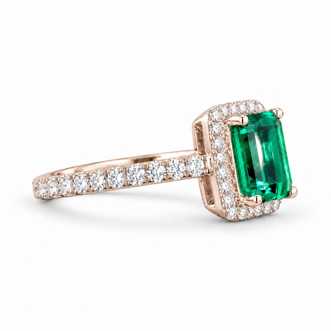 The Aurelia Halo — Diamond Halo/Band Emerald Ring in 14K rose gold, side view