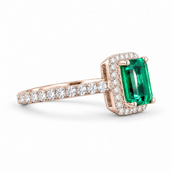 The Aurelia Halo — Diamond Halo/Band Emerald Ring in 14K rose gold, side view