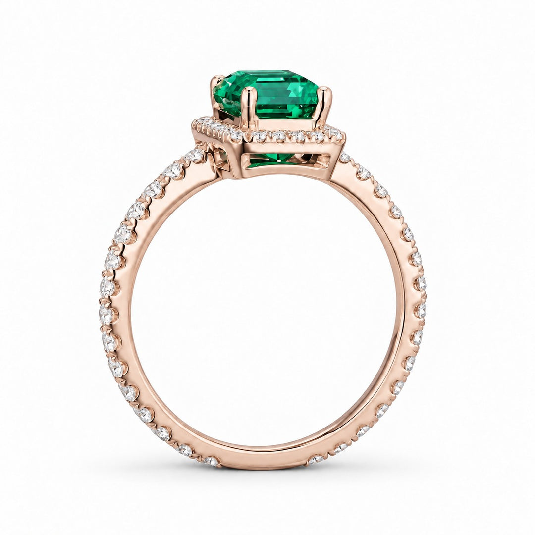 The Aurelia Halo — Diamond Halo/Band Emerald Ring in 14K rose gold, profile