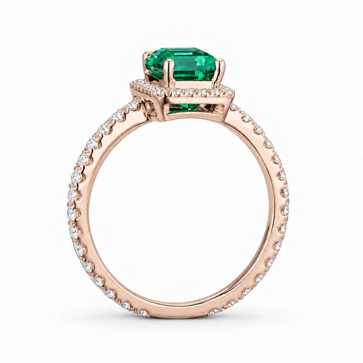 The Aurelia Halo — Diamond Halo/Band Emerald Ring in 14K rose gold, profile