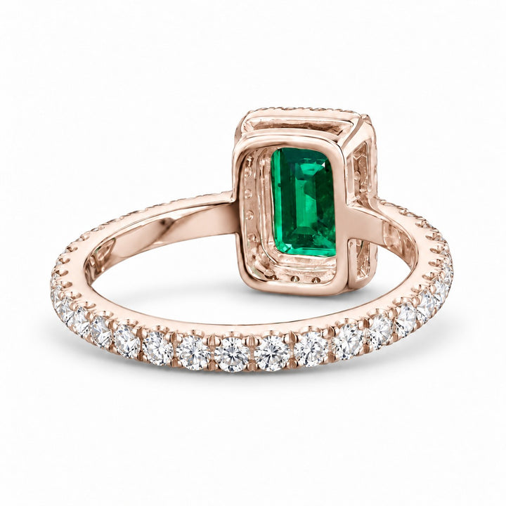 The Aurelia Halo — Diamond Halo/Band Emerald Ring in 14K rose gold, back and setting