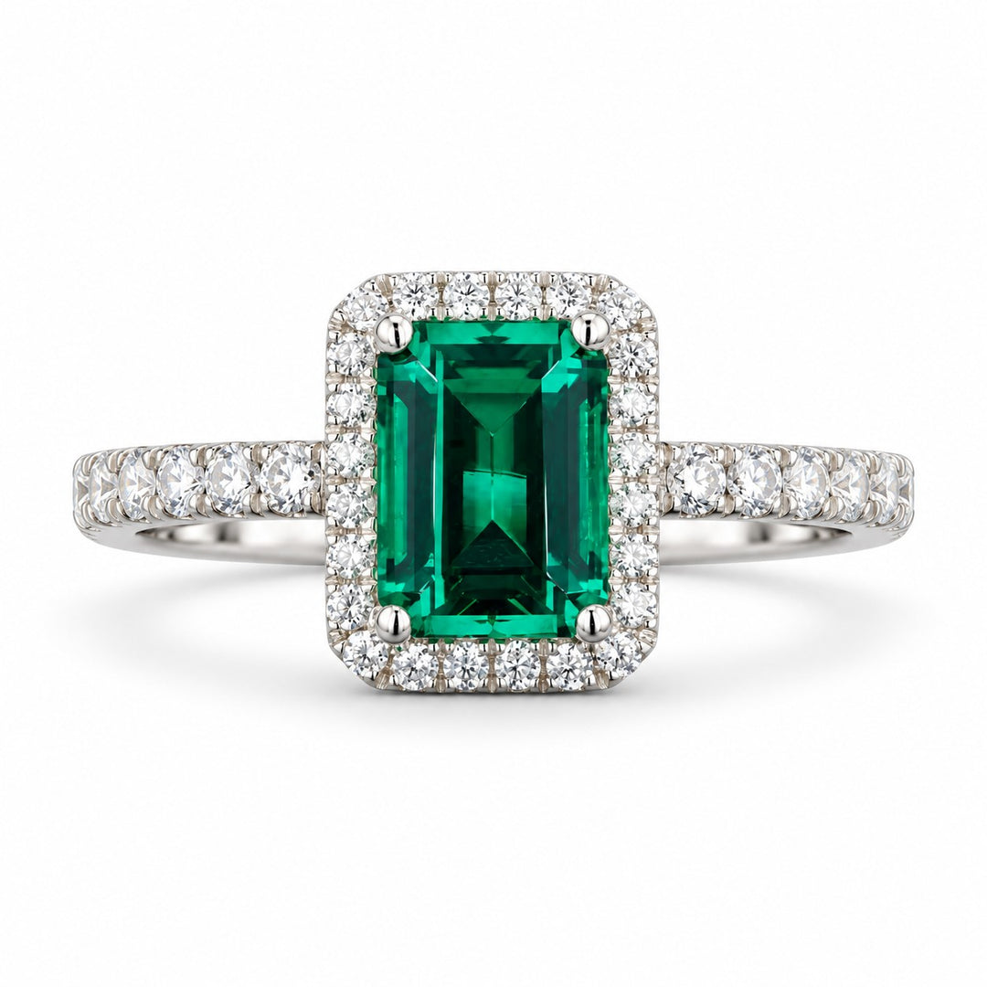 The Aurelia Halo — Diamond Halo/Band Emerald Ring in 14K white gold, front view