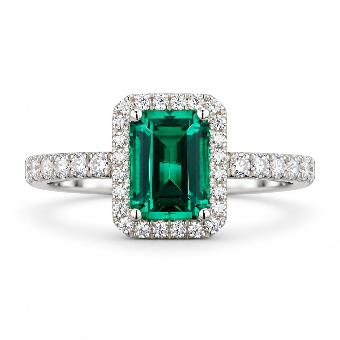 The Aurelia Halo — Diamond Halo/Band Emerald Ring in 14K white gold, front view