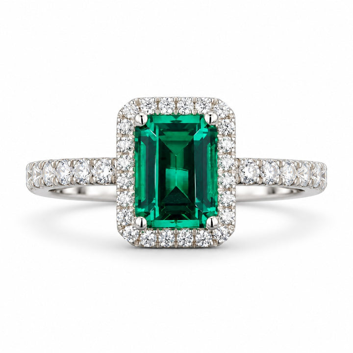 The Aurelia Halo — Diamond Halo/Band Emerald Ring in 14K white gold, front view