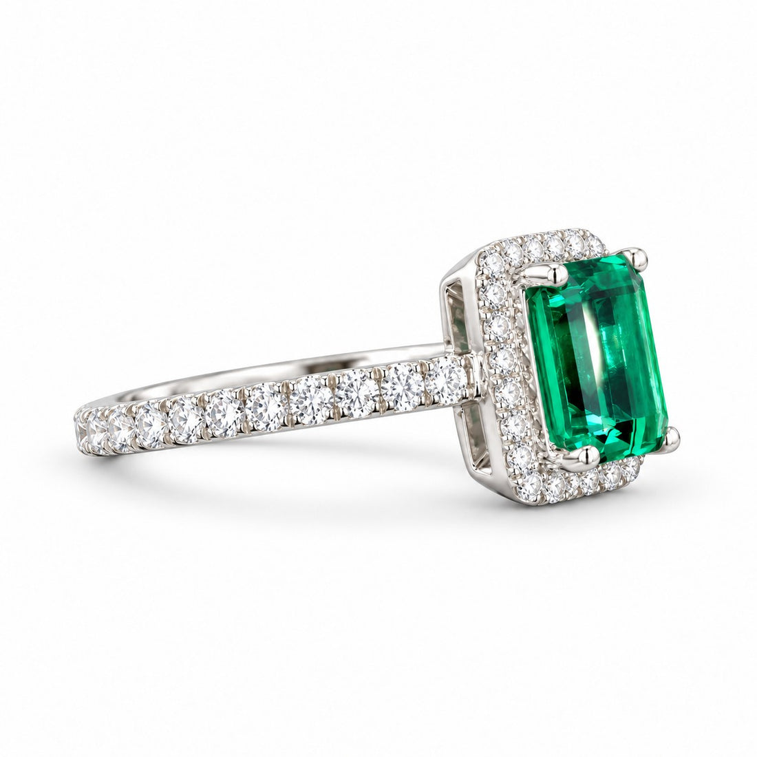 The Aurelia Halo — Diamond Halo/Band Emerald Ring in 14K white gold, side view