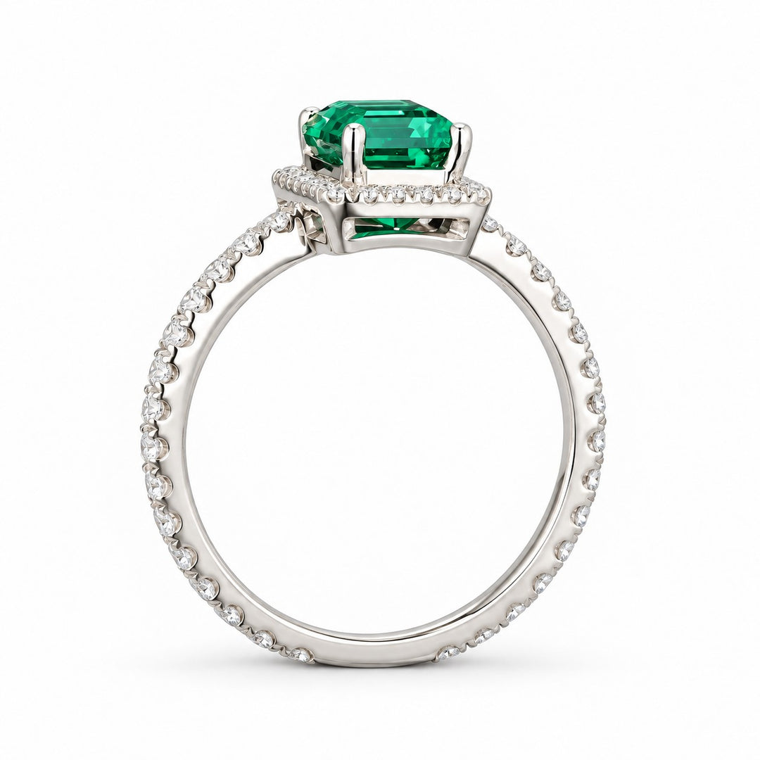 The Aurelia Halo — Diamond Halo/Band Emerald Ring in 14K white gold, profile