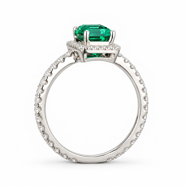 The Aurelia Halo — Diamond Halo/Band Emerald Ring in 14K white gold, profile
