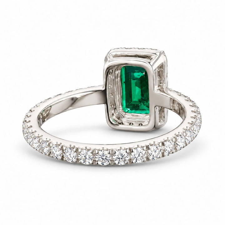 The Aurelia Halo — Diamond Halo/Band Emerald Ring in 14K white gold, back and setting