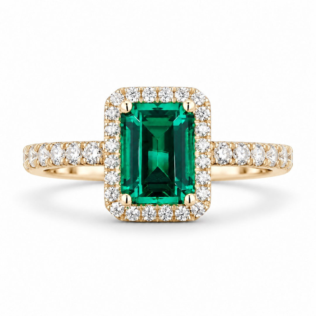 The Aurelia Halo — Diamond Halo/Band Emerald Ring in 14K yellow gold, front view