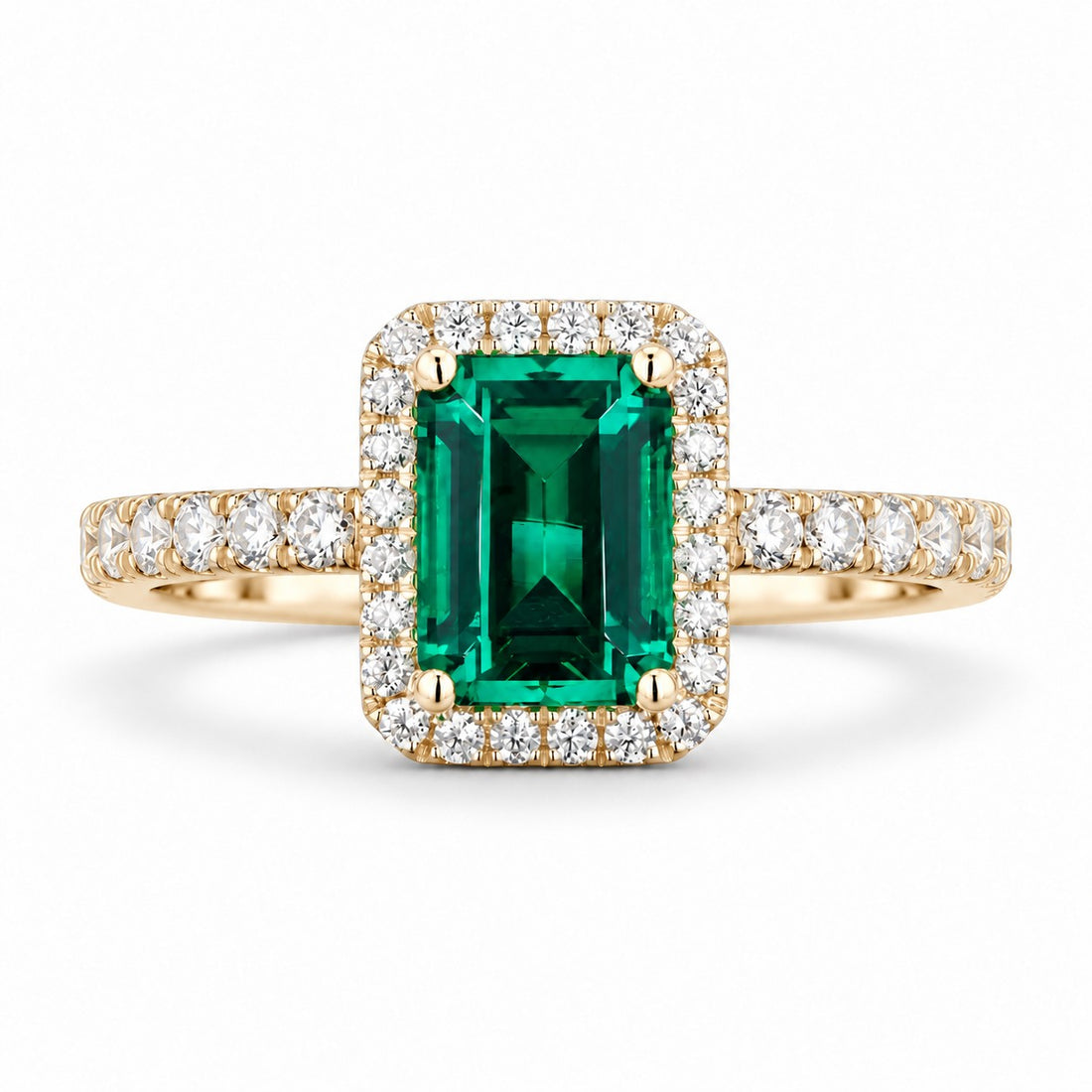 The Aurelia Halo — Diamond Halo/Band Emerald Ring in 14K yellow gold, front view
