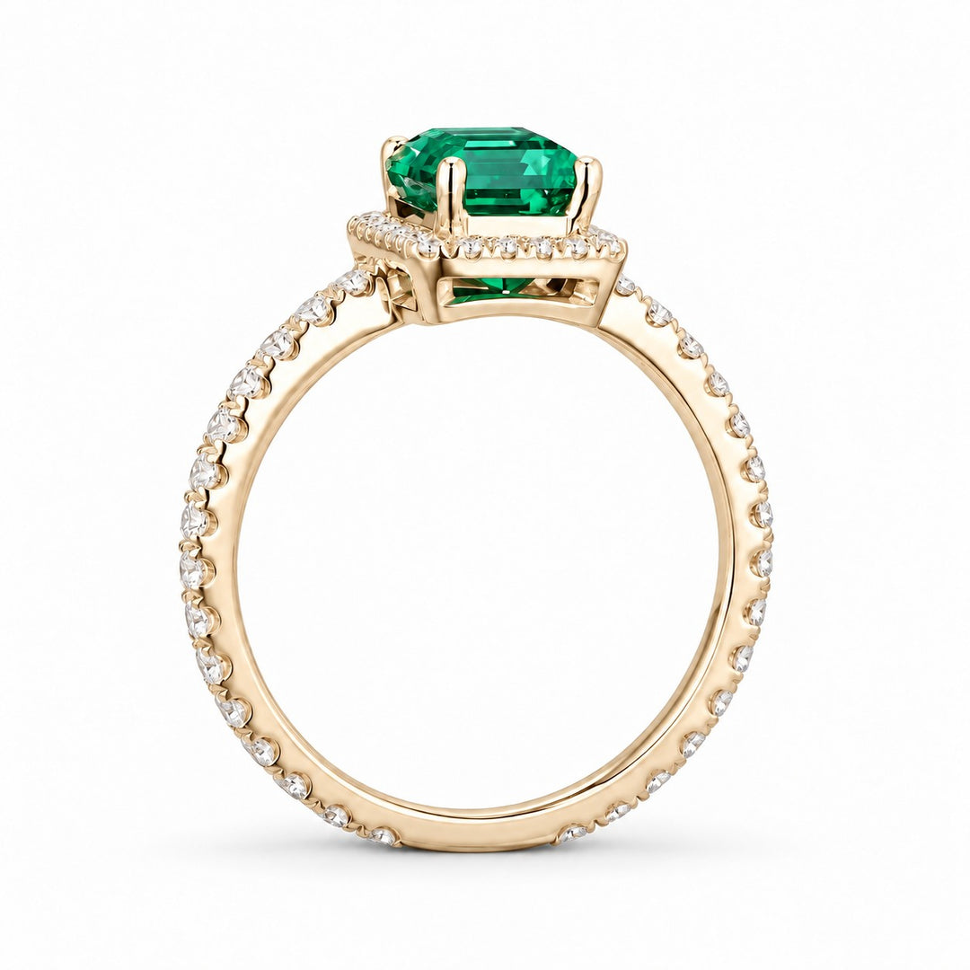 The Aurelia Halo — Diamond Halo/Band Emerald Ring in 14K yellow gold, profile