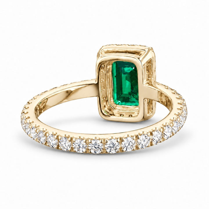 The Aurelia Halo — Diamond Halo/Band Emerald Ring in 14K yellow gold, back and setting