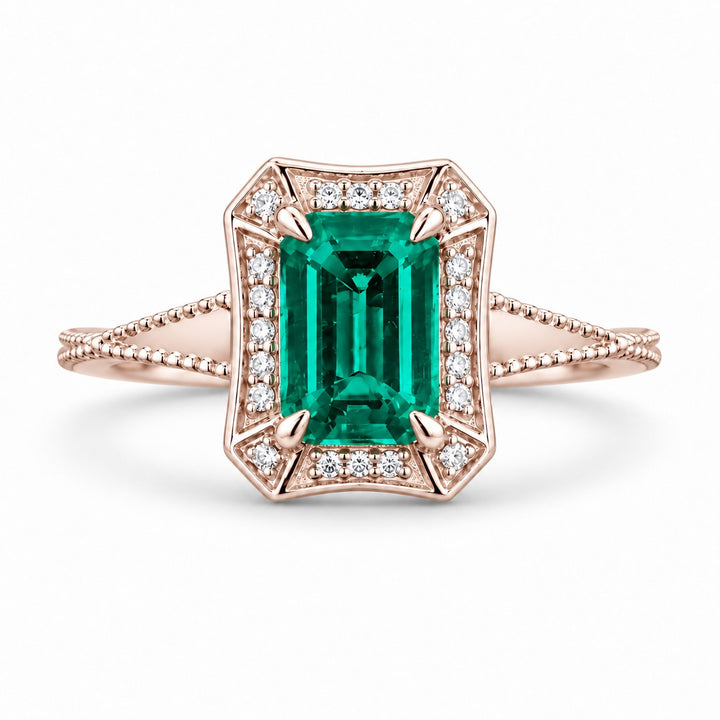 The Deco Empress — Emerald Halo Ring in 14K rose gold, front view