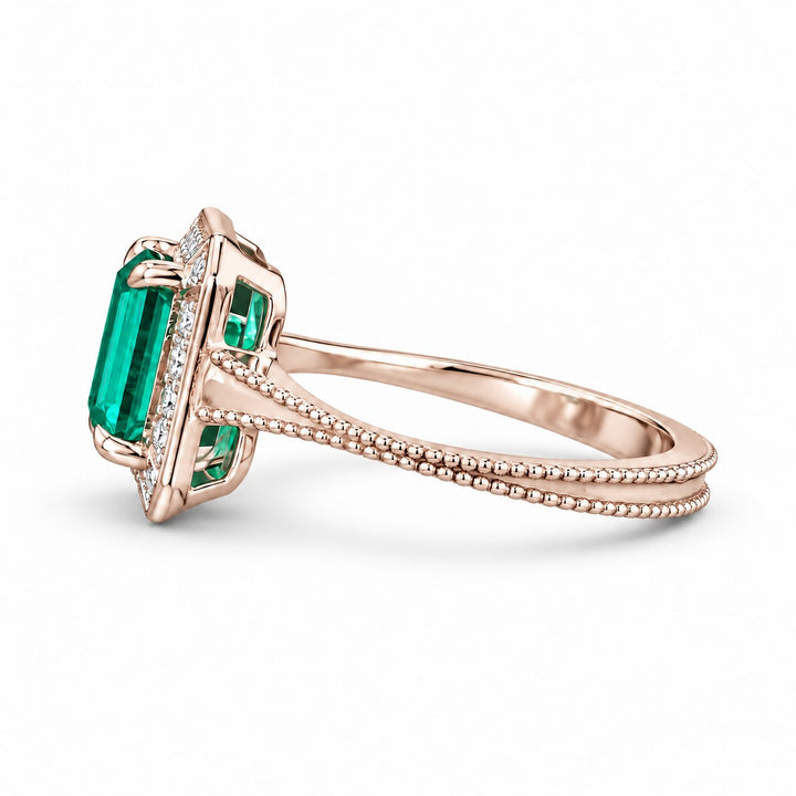 The Deco Empress — Emerald Halo Ring in 14K rose gold, side view