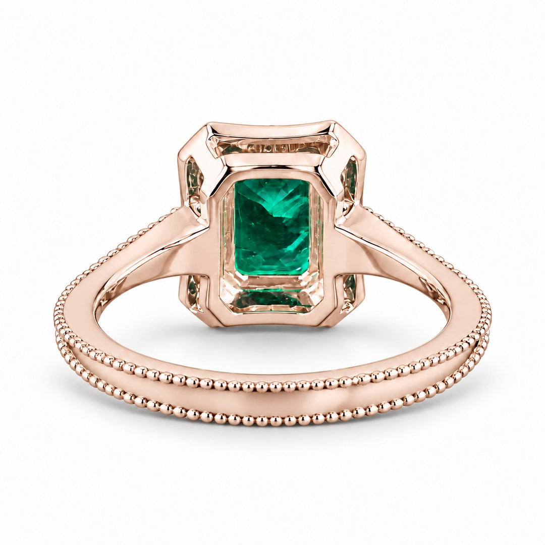 The Deco Empress — Emerald Halo Ring in 14K rose gold, back and setting