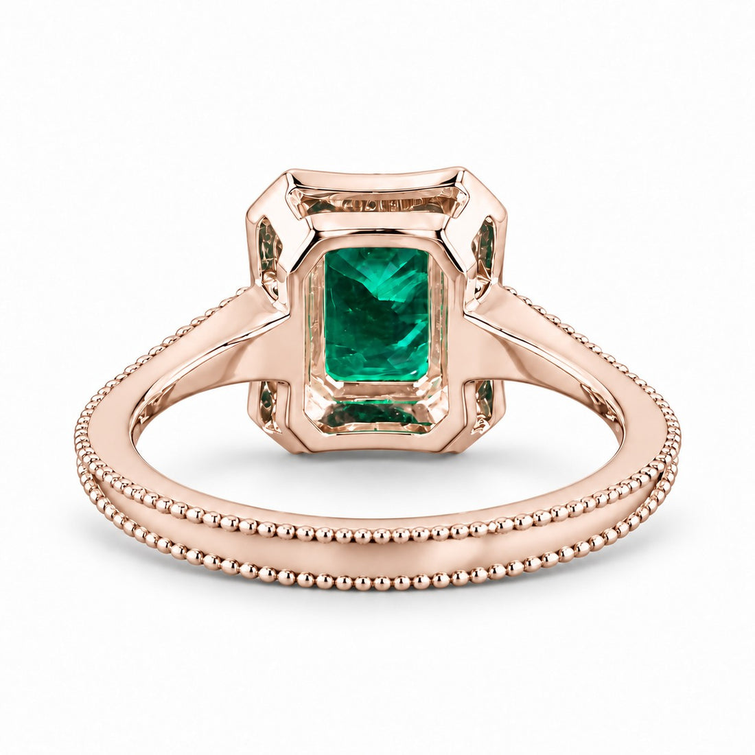 The Deco Empress — Emerald Halo Ring in 14K rose gold, back and setting