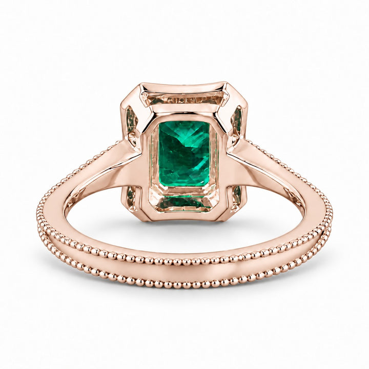 The Deco Empress — Emerald Halo Ring in 14K rose gold, back and setting