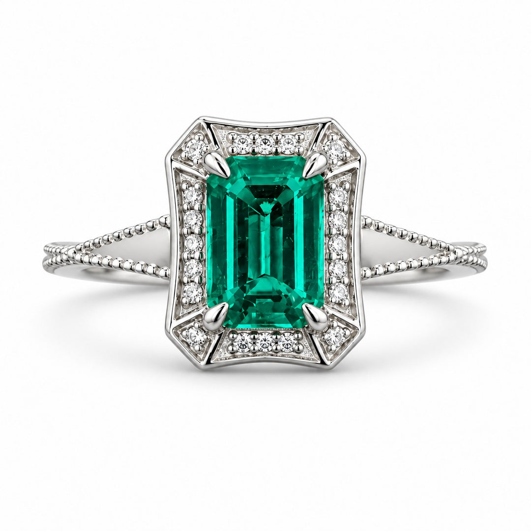 The Deco Empress — Emerald Halo Ring in 14K white gold, front view