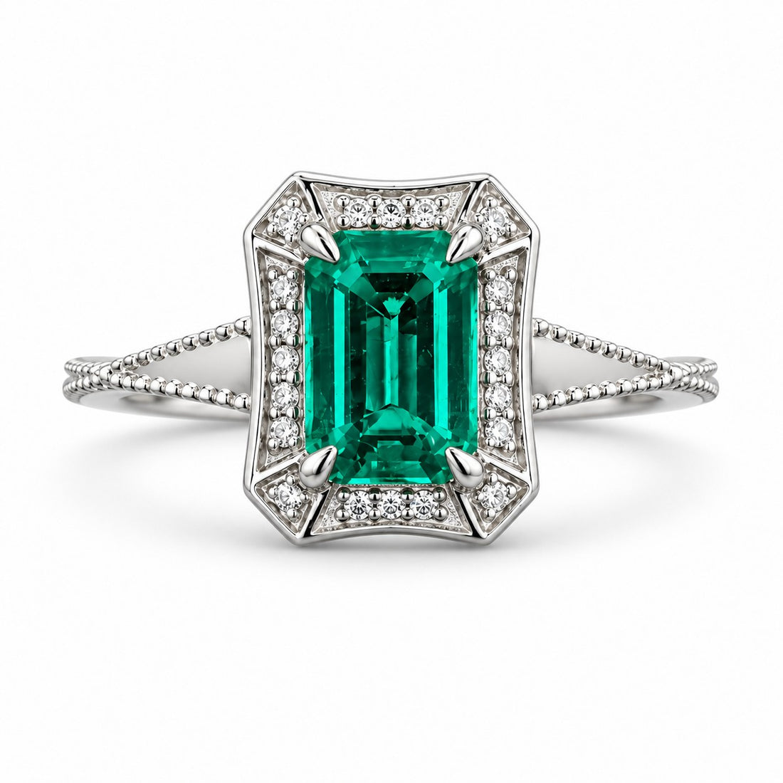 The Deco Empress — Emerald Halo Ring in 14K white gold, front view