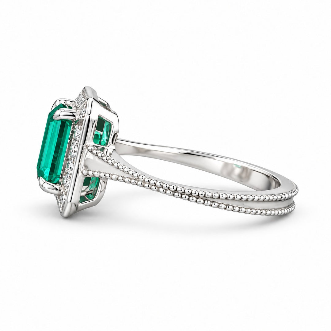 The Deco Empress — Emerald Halo Ring in 14K white gold, side view