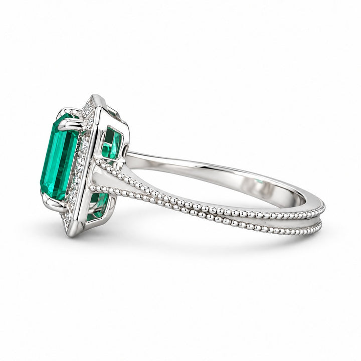 The Deco Empress — Emerald Halo Ring in 14K white gold, side view