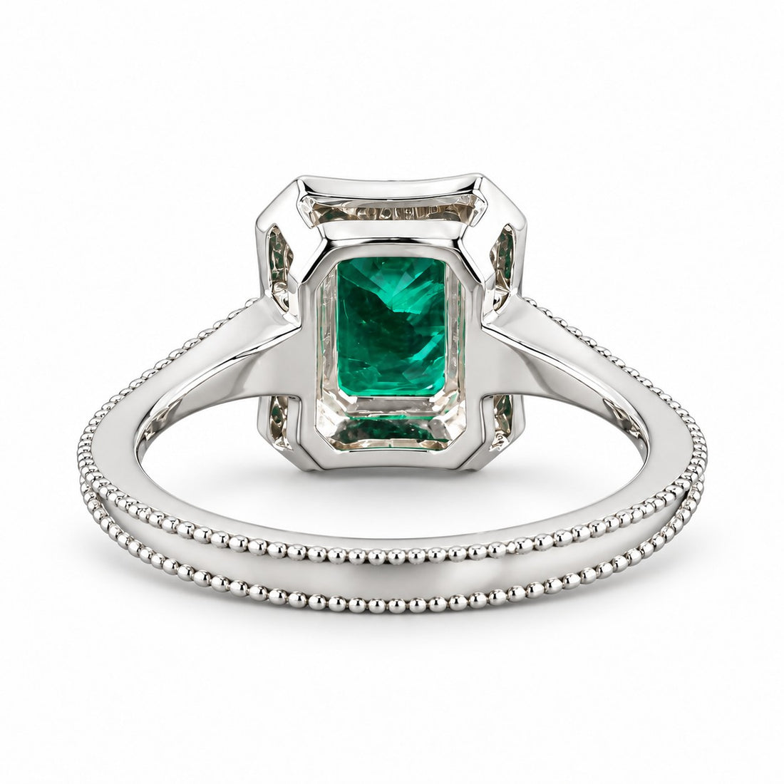 The Deco Empress — Emerald Halo Ring in 14K white gold, back and setting