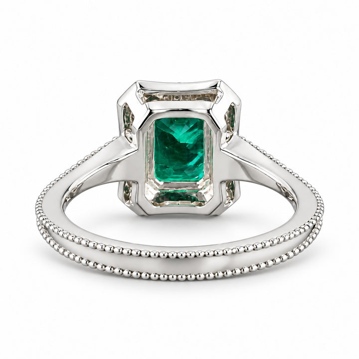 The Deco Empress — Emerald Halo Ring in 14K white gold, back and setting