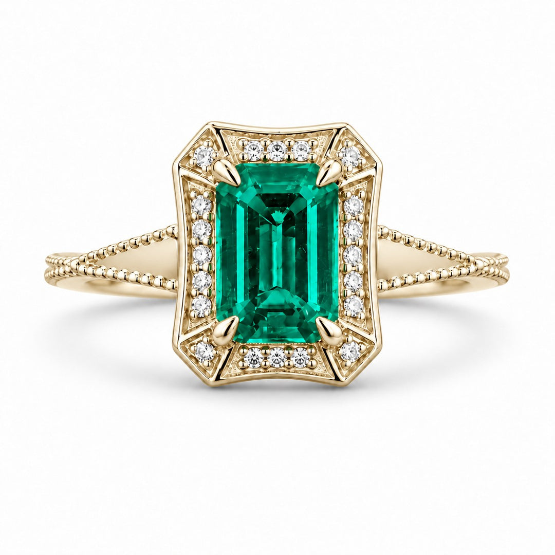 The Deco Empress — Emerald Halo Ring in 14K yellow gold, front view