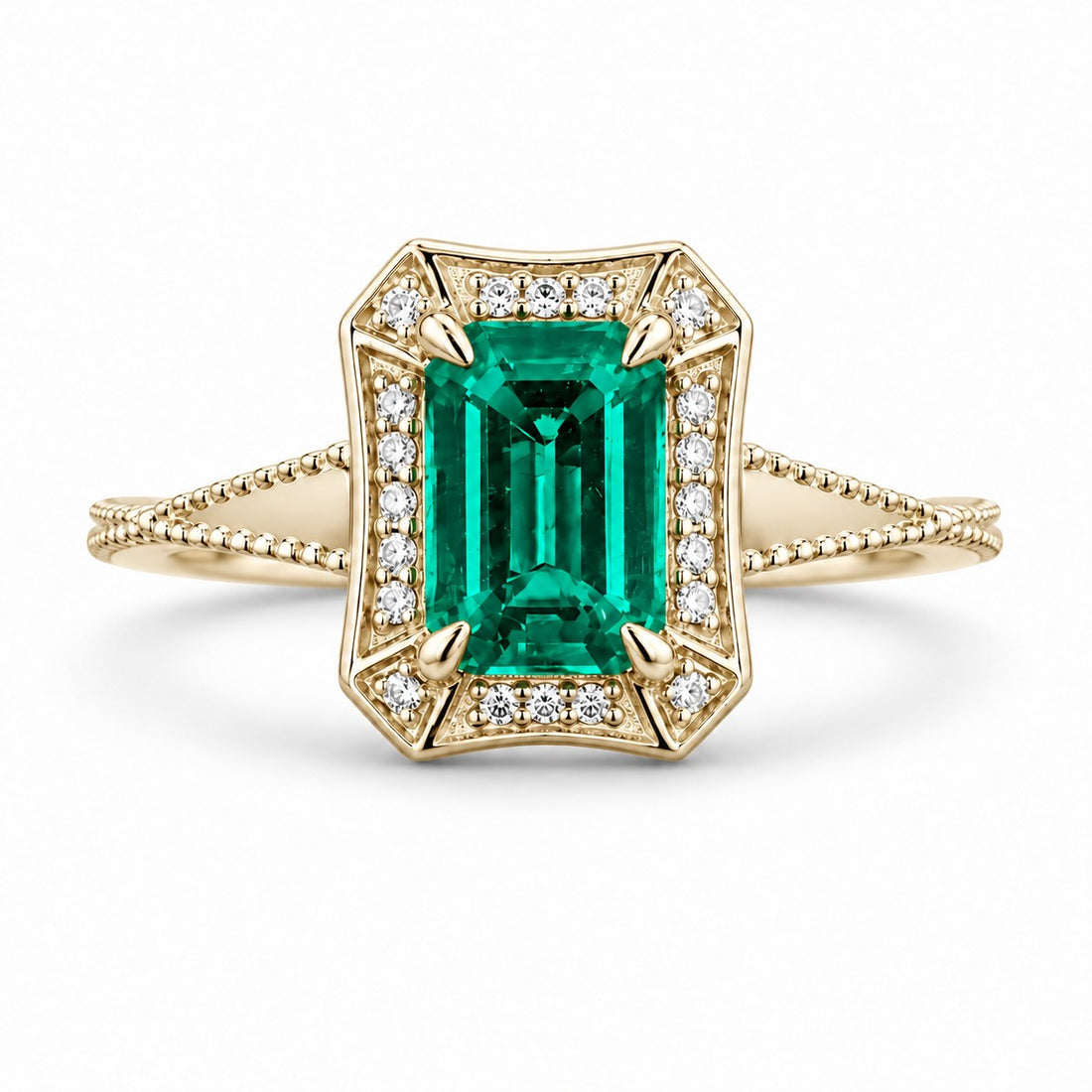The Deco Empress — Emerald Halo Ring in 14K yellow gold, front view