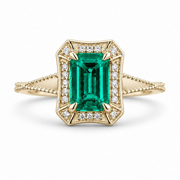 The Deco Empress — Emerald Halo Ring in 14K yellow gold, front view