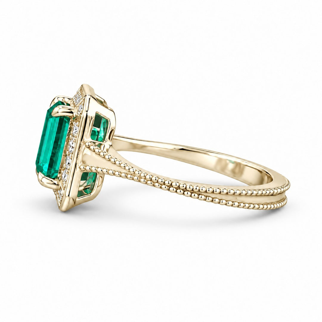 The Deco Empress — Emerald Halo Ring in 14K yellow gold, side view