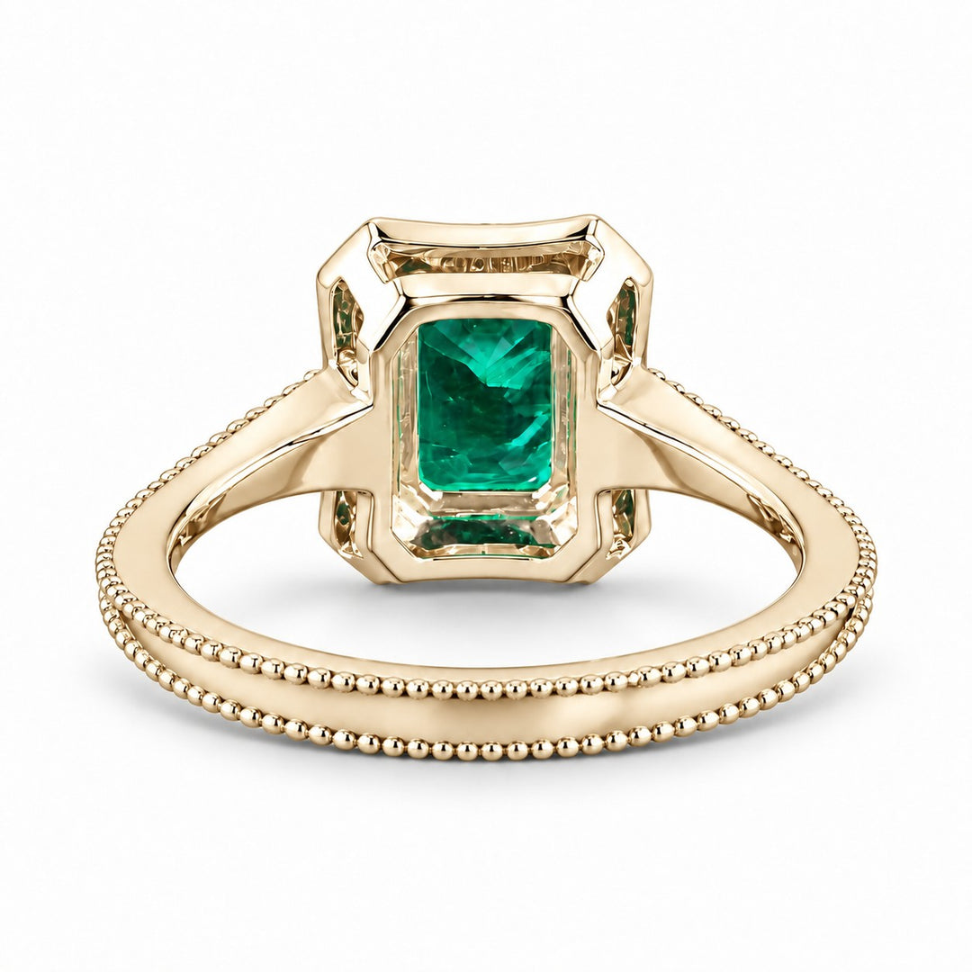 The Deco Empress — Emerald Halo Ring in 14K yellow gold, back and setting