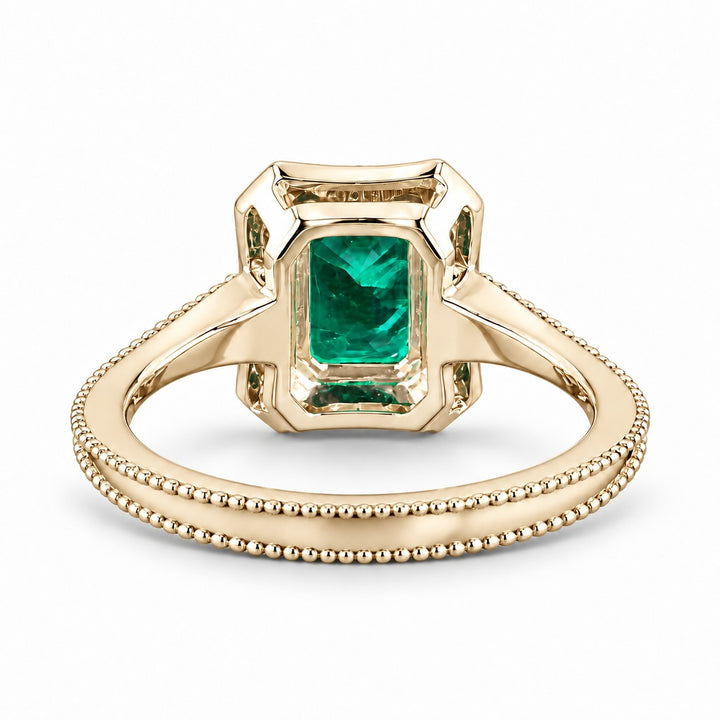 The Deco Empress — Emerald Halo Ring in 14K yellow gold, back and setting