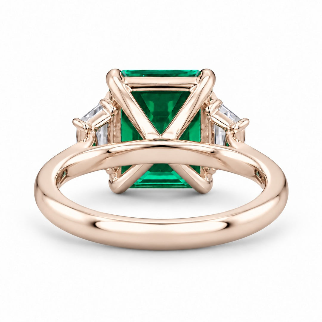 The Meridian — Emerald Three-Stone Ring in 14K rose gold, back and setting