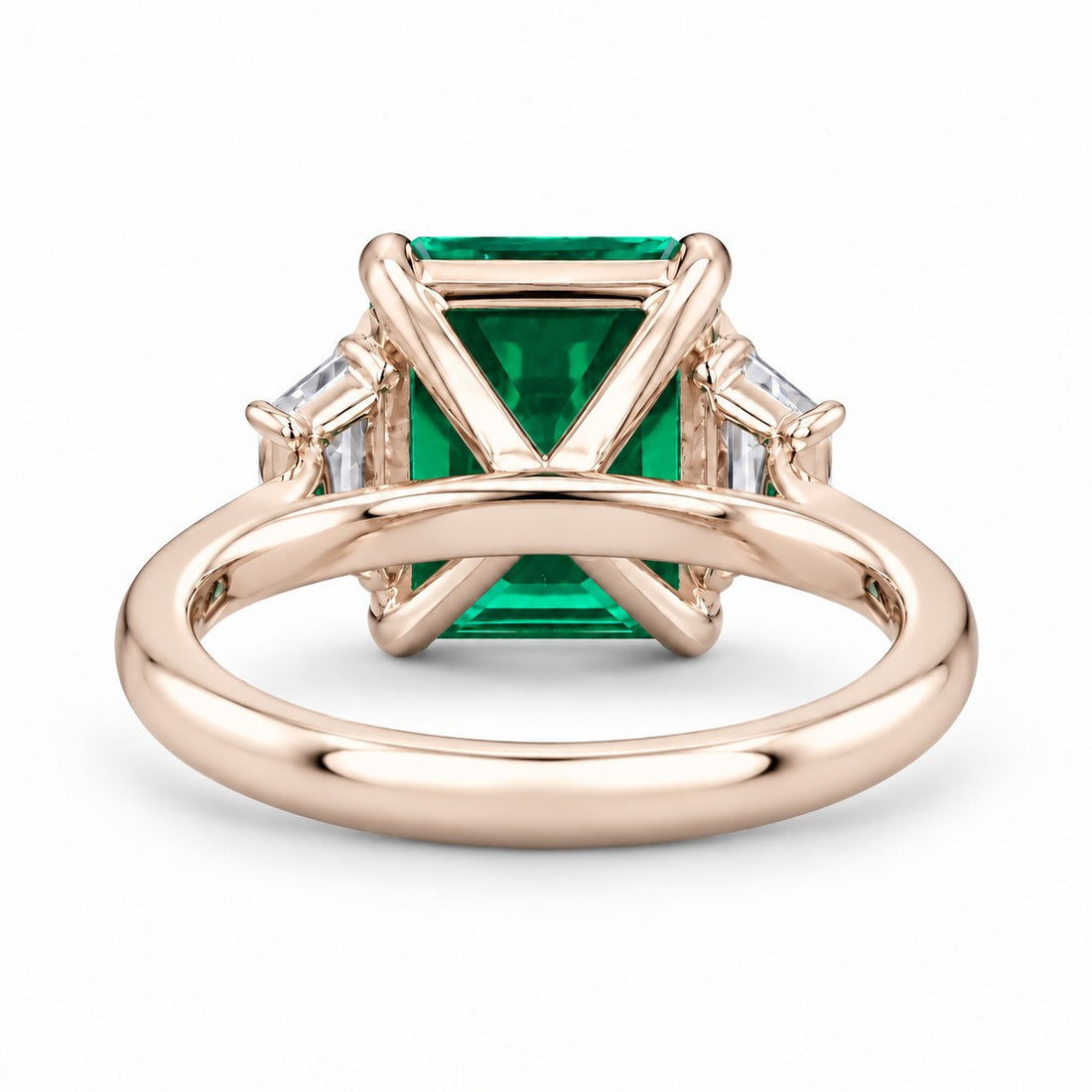 The Meridian — Emerald Three-Stone Ring in 14K rose gold, back and setting