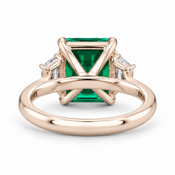 The Meridian — Emerald Three-Stone Ring in 14K rose gold, back and setting