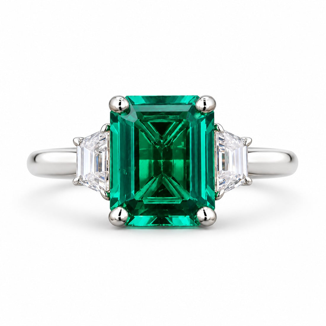 The Meridian — Emerald Three-Stone Ring in 14K white gold, front view