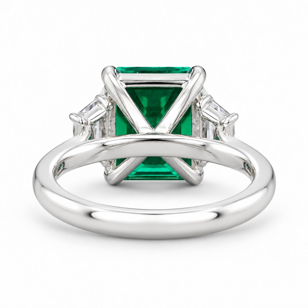 The Meridian — Emerald Three-Stone Ring in 14K white gold, back and setting